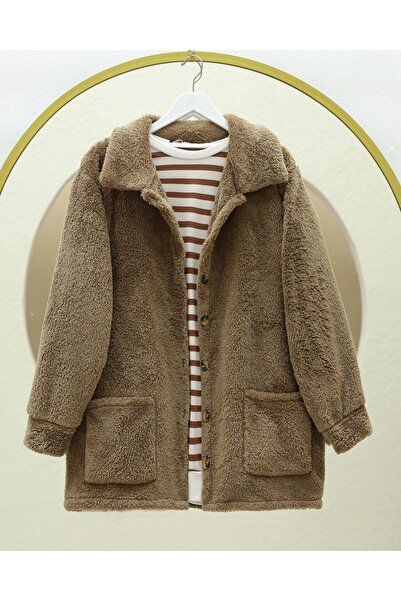 Modamorfo Buttoned plush jacket with pockets - coffee