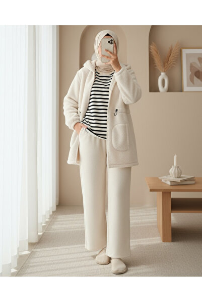 Modamorfo Elastic waist hooded zippered plush jacket - beige