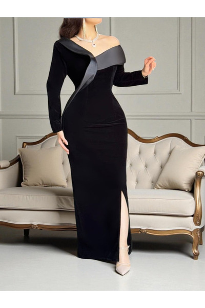 TREN فستان سهرة طويل أسود بكتف واحد مع درايب ساتان فاخر للمناسبات الخاصة