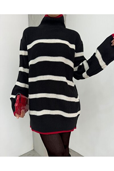 Modamorfo Half-Thigh Formal Pattern Knitwear Tunic -Black