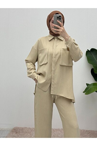 Modamorfo Σετ λινό διπλό με τσέπες φυσούνας - Μπεζ