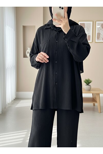 Modamorfo Double Linen Suit with Gusseted Pockets - Black