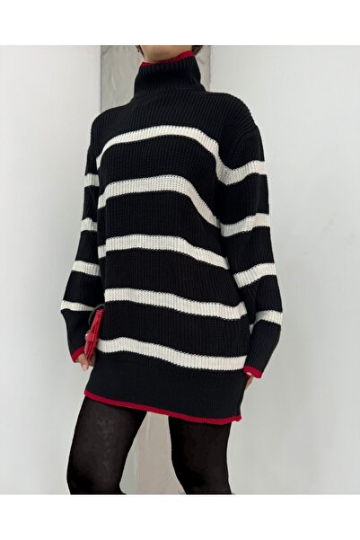 Modamorfo Half-Thigh Formal Pattern Knitwear Tunic -Black