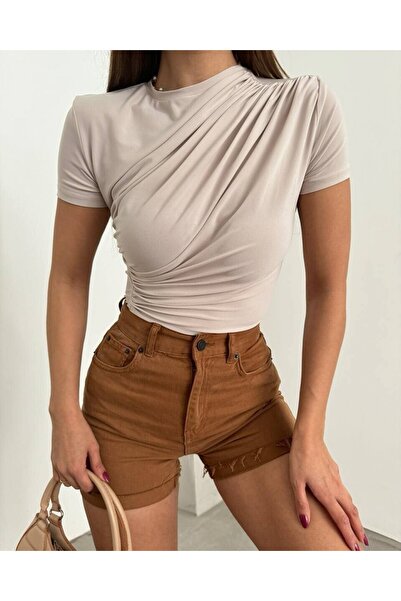 Modamorfo Crossed short sleeve sandy blouse -beige