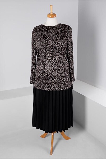 TRENDTESETTÜR WOMEN'S BLACK (BLACK-BEIGE) LEOPARD PATTERNED SKIRT SUIT T 20318-1