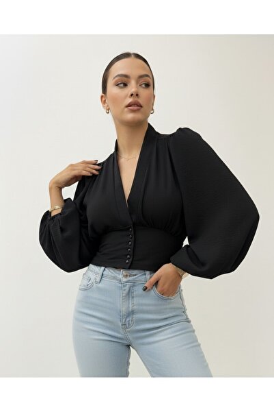 Modamorfo Μπαλόνι μανίκι με κουμπιά και ελαστική πλάτη - Μαύρο