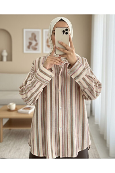 Modamorfo Πουκάμισο Oversize με ανάγλυφο ριγέ μονή τσέπη - Καφέ