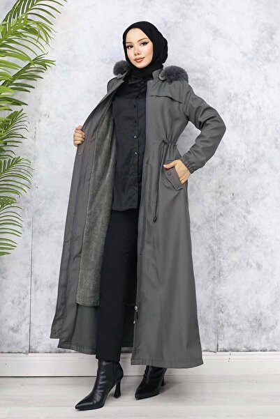 TRENDTESETTÜR Women's Gray (Antrasite) Hooded Coat t 1501