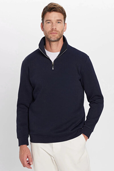 Tudors Φούτερ Unisex Relax Fit Relaxed Cotton Fleece Εσωτερικό με μισό φερμουάρ Μπλε μπλέ φούτερ με γιακά