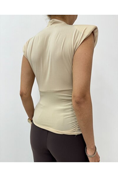 Modamorfo Zero Sleeve Padded Double Breasted Model Sandy Blouse -Beige