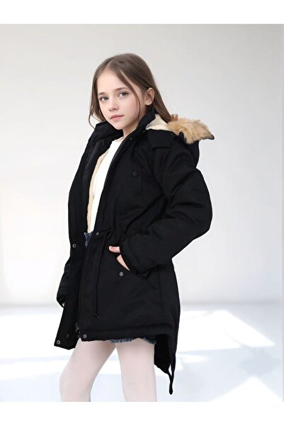 Wild Flower Kapüşonlu İçi Polarlı Uzun Kız Çocuk Kışlık Mont Kaban