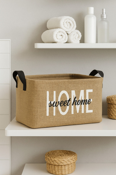 LUXWAY HOME Home Baskılı Jüt Çamaşır Kirli Oyuncak Sepeti 30 x 22 x 18