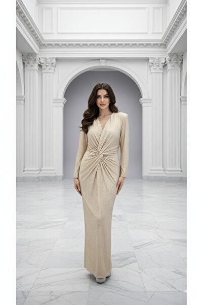 CAREZZA Starlight - Draped Stone Stretch Fabric Ecru Evening Dress