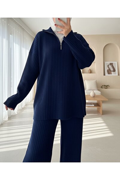 Modamorfo Half-Thigh Ribbed Knitwear Set - Navy