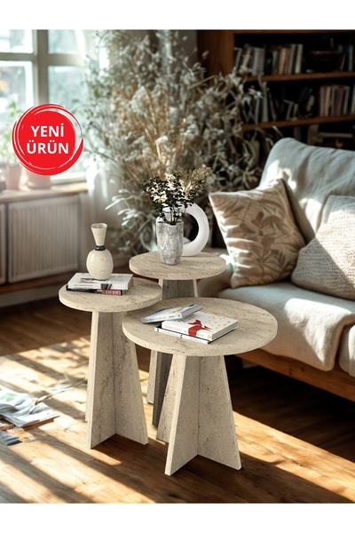 dorpek Podel Yuvarlak Iskandinav Mantar Sehpa 3'lü Zigon Sehpa Traverten