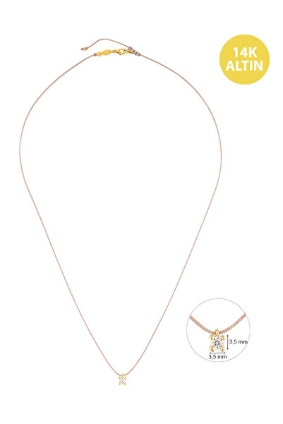 KURSHUNI Tek Taş (3mm), 14KAltın Kolye (İpli)