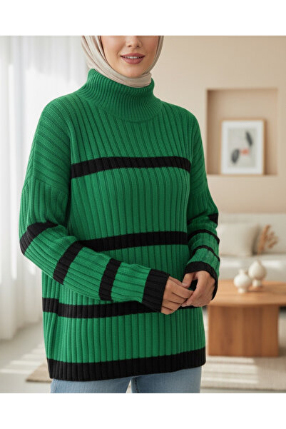 Modamorfo Salaş Kollu Çizgili Triko Kazak -Orman Yş.