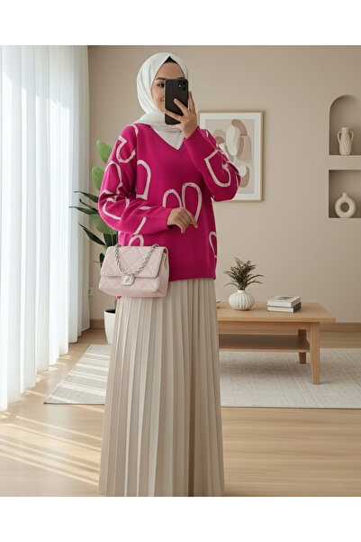 Modamorfo Pletený svetr s výstřihem do V - Fuchsiová