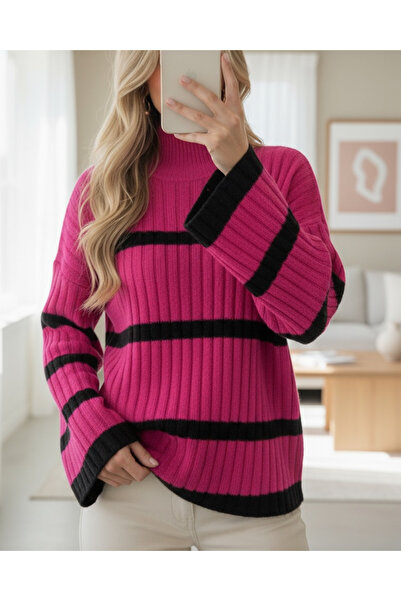 Modamorfo Salaş Kollu Çizgili Triko Kazak -Fuşya