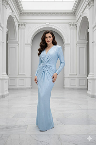 CAREZZA Starlight - Draped Jeweled Stretch Fabric Blue Evening Dress
