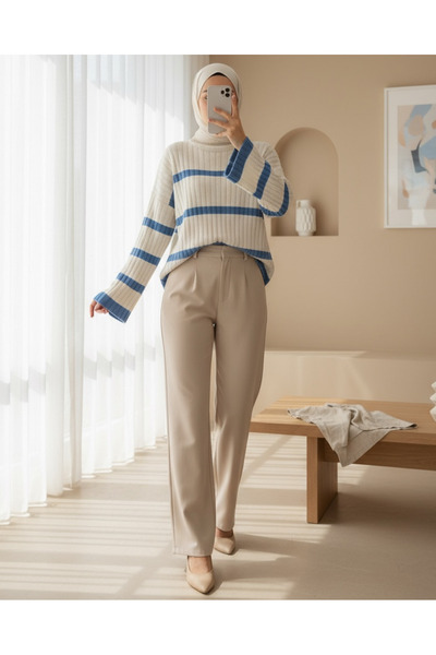 Modamorfo Salaş Kollu Çizgili Triko Kazak -Mavi
