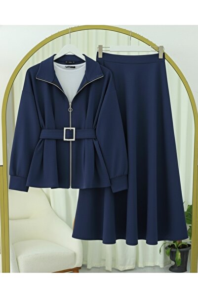 Modamorfo Combed Cotton Suit with Folded Waist, Front Zipper and Belted Skirt - Navy