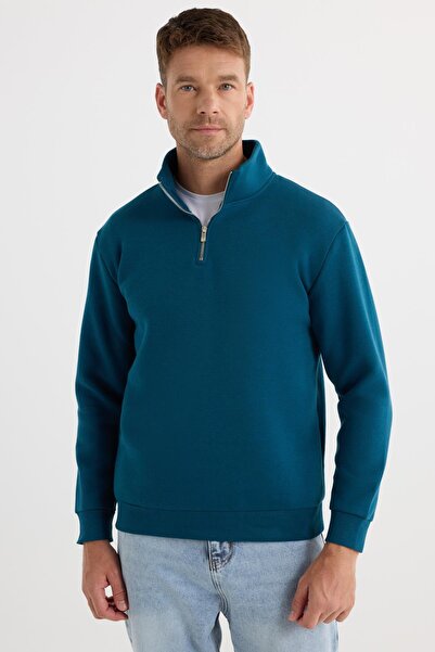 Tudors Unisex Relax Fit Άνετη εφαρμογή Βαμβακερή επένδυση με φλις με μισό φερμουάρ Indigo Di ψηλός λαιμός φούτερ