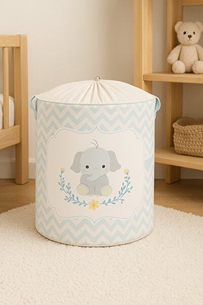 PH Prendi Home Blue Elephant Printed Mesh Toy Laundry Dirty Organizer Organizer Basket 37 X 40