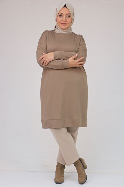 Eslina 58151 Plus Size Modal Tunic with Self-Ribbed Sleeves and Hem - Mink
