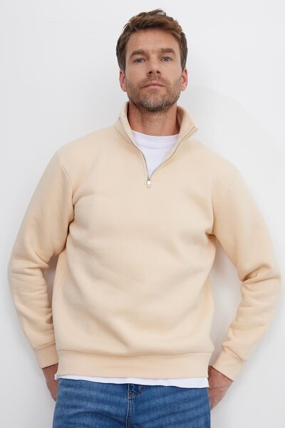 Tudors Унисекс релаксиращ суитшърт с удобна кройка от памучен полар с половин цип и екрю с яка