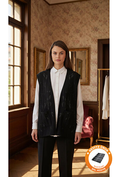 Uludağ Triko Floral Patterned Pocketed Knitwear Vest Black +Shawl Gift