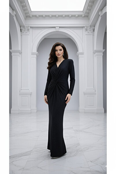 CAREZZA Starlight - Draped Black Evening Dress with Stretch Fabric Stones