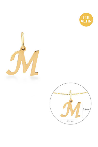 KURSHUNI Taşsız M Harfi, 14 Ayar Altın Kolye Ucu