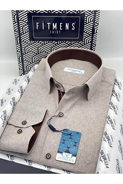 Fitmens Klasik Uzun Kol Keten Cotton Hediye Kutulu Erkek Gömlek FS-001261 - Bej