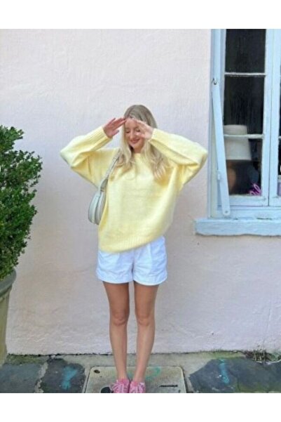 DTBUTİK Pulover oversize GALBEN pentru femei - Gât rotund moale texturat