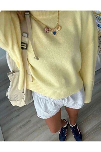 DTBUTİK Pulover oversize GALBEN pentru femei - Gât rotund moale texturat