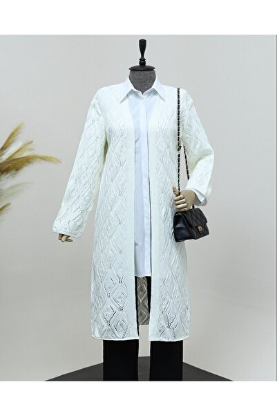 Modamorfo Baklava Pattern Lace-Like Knit Long Knitwear Cardigan -Cream