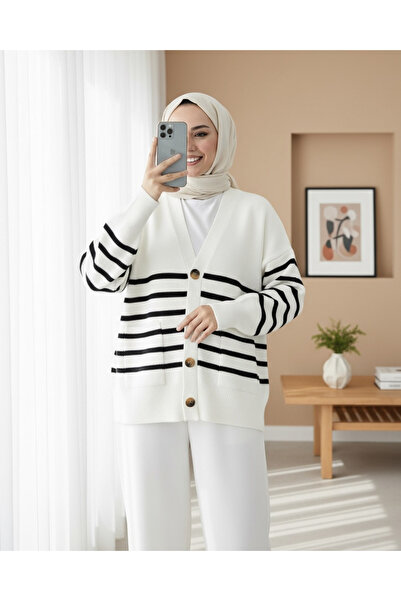Modamorfo Double Pocket Striped Buttoned Cardigan