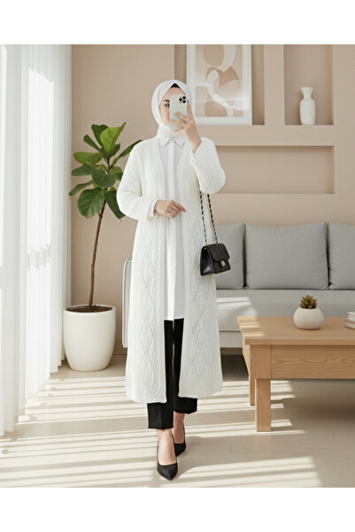 Modamorfo Baklava Pattern Lace-Like Knit Long Knitwear Cardigan -Cream