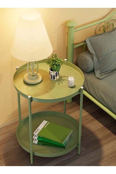 Arabest 2-Tier Round Side Table with Removable Tray, Green for Patio