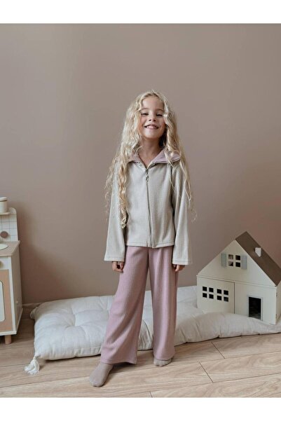 RAPAPA Beige Zippered Ribbed Sweatshirt and Dusty Rose Pants Girls' Set 6007