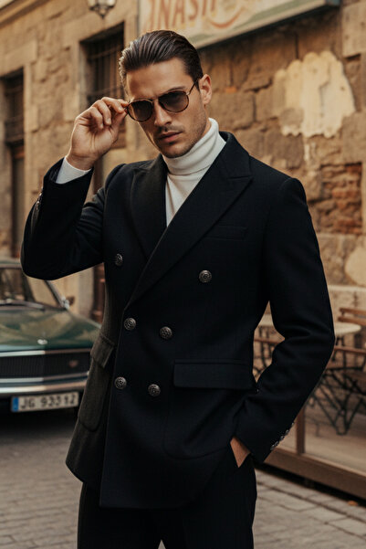 Twenhil Erkek Kaşe Kaban Rahat Kesim Siyah