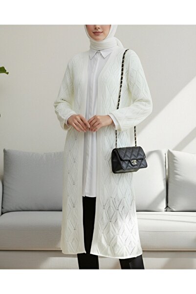 Modamorfo Baklava Pattern Lace-Like Knit Long Knitwear Cardigan -Cream