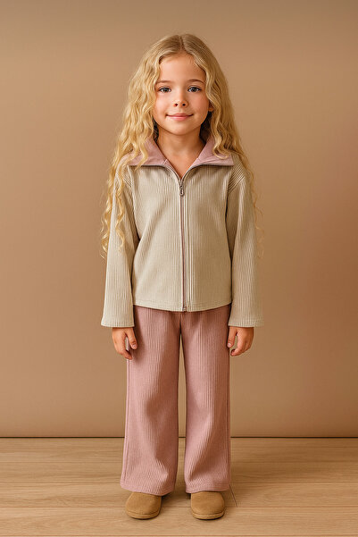 RAPAPA Beige Zippered Ribbed Sweatshirt and Dusty Rose Pants Girls' Set 6007