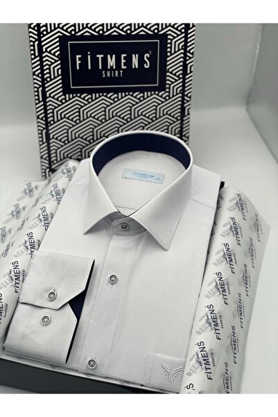 Fitmens قميص رجالي كلاسيكي بأكمام طويلة من القطن والكتان في صندوق هدايا FS-001261 - أبيض وأزرق داكن