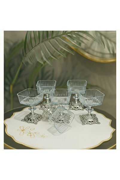 Elta Collection 6 قطع من أقدام معدنية فضية اللون مفصلة على شكل ماغنوليا ووعاء للآيس كريم ووعاء للحلوى ووعاء للعرض