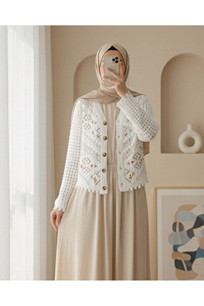Modamorfo Openwork Ecru Knitwear Cardigan - Floral Embroidery and Pompom