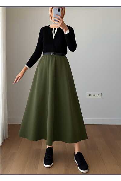 RIMFIS Women's Puff Scuba Khaki Hijab Flared Skirt