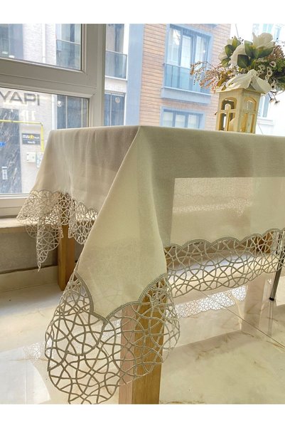Ceki Home Angles Krem Masa Örtüsü 170x260 Masa Örtüsü Beyaz Leke Tutmaz Kumaş Masa Örtüsü