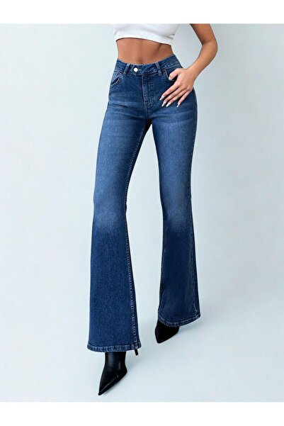 Polo State Kadın Likralı Yüksek Bel İspanyol Paça Jean Mavi